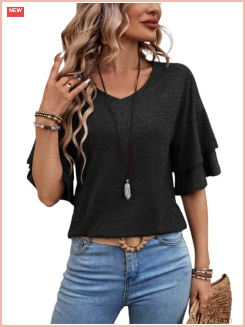 FUNBANG Women's V-Neck Ruffle 3/4 Sleeve Blouse Dressy Casual Top
